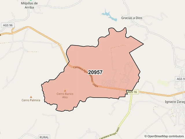 Mapa del código postal 20957, Jesús María, Aguascalientes
