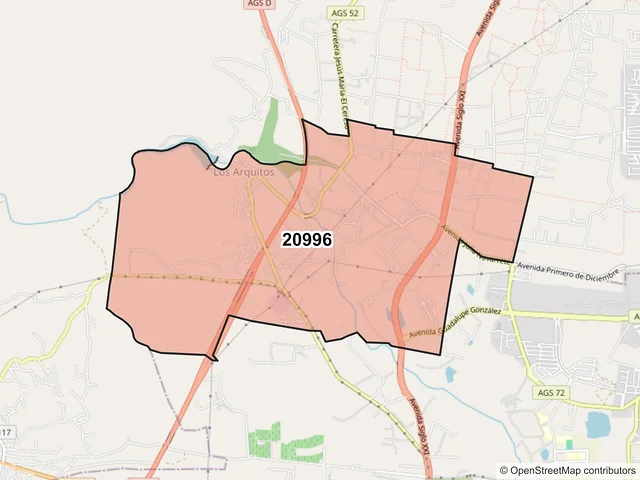 Mapa del código postal 20996, Jesús María, Aguascalientes