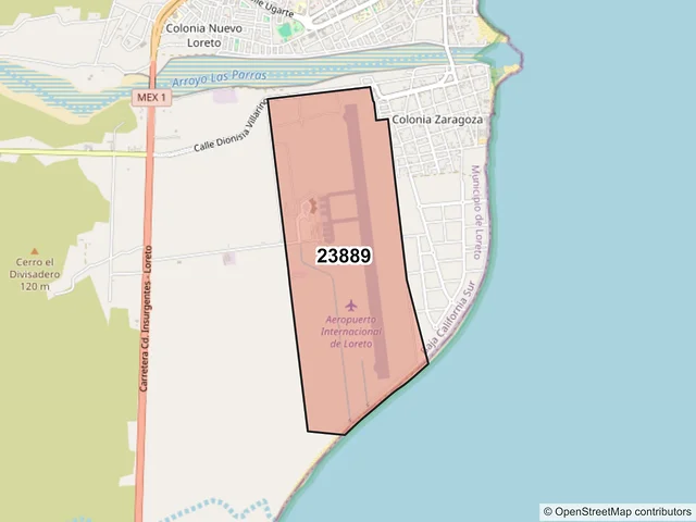 Mapa del código postal 23889, Loreto, Baja California Sur