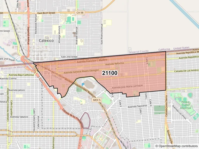 Mapa del código postal 21100, Mexicali, Baja California