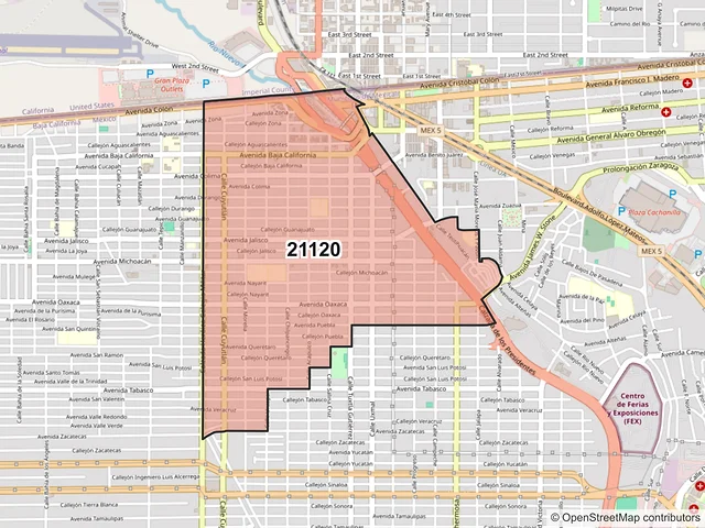 Mapa del código postal 21120, Mexicali, Baja California