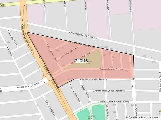 Mapa del código postal 21216, Mexicali, Baja California