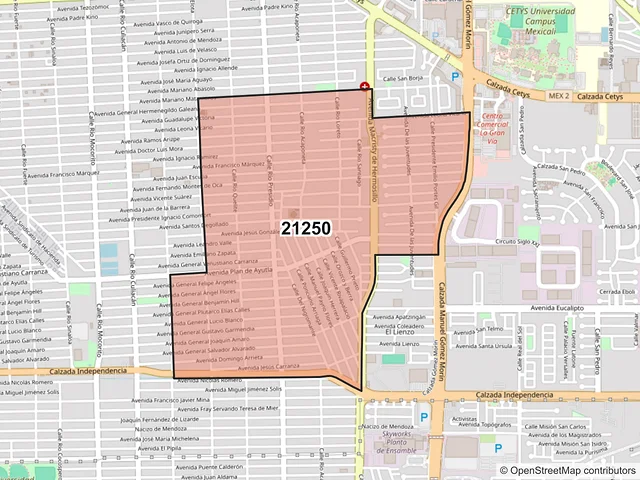 Mapa del código postal 21250, Mexicali, Baja California