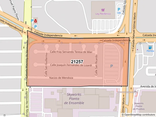 Mapa del código postal 21257, Mexicali, Baja California