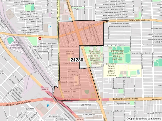 Mapa del código postal 21280, Mexicali, Baja California