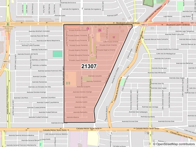 Mapa del código postal 21307, Mexicali, Baja California