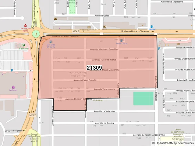 Mapa del código postal 21309, Mexicali, Baja California