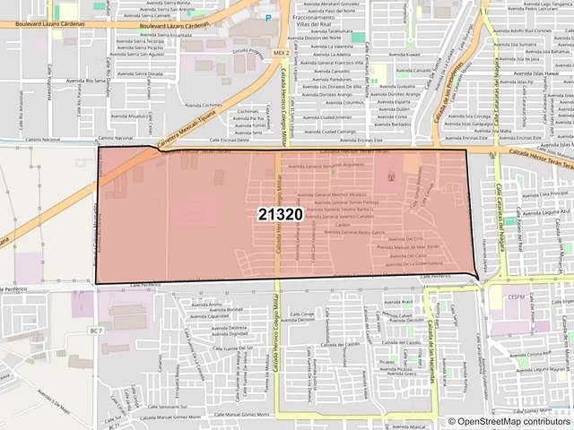 Mapa del código postal 21320, Mexicali, Baja California