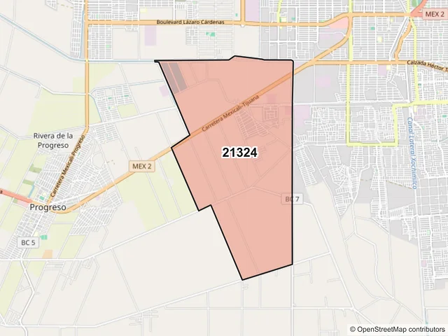 Mapa del código postal 21324, Mexicali, Baja California