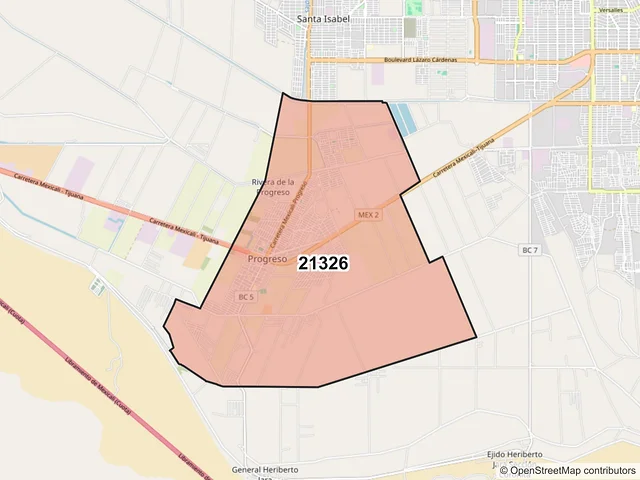 Mapa del código postal 21326, Mexicali, Baja California
