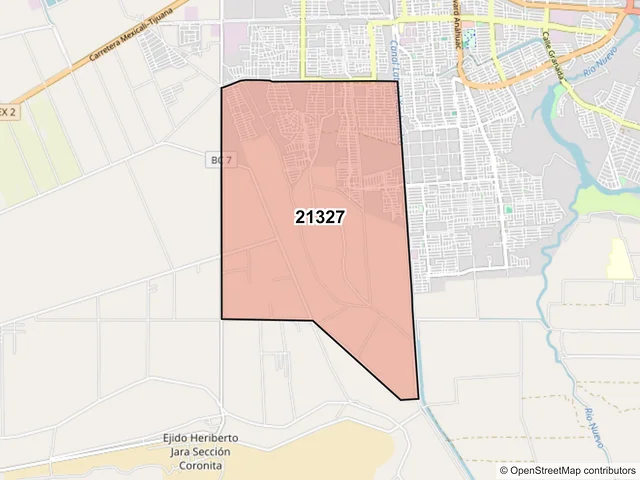 Mapa del código postal 21327, Mexicali, Baja California