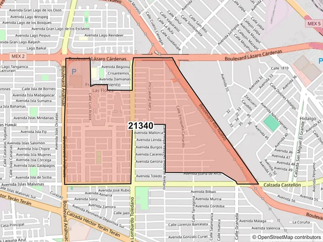 Mapa del código postal 21340, Mexicali, Baja California