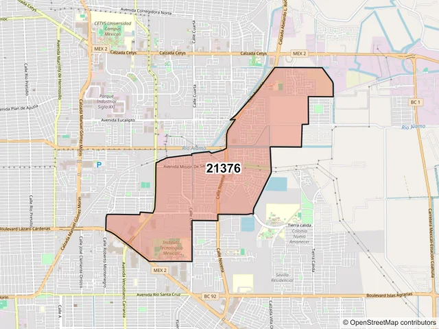 Mapa del código postal 21376, Mexicali, Baja California