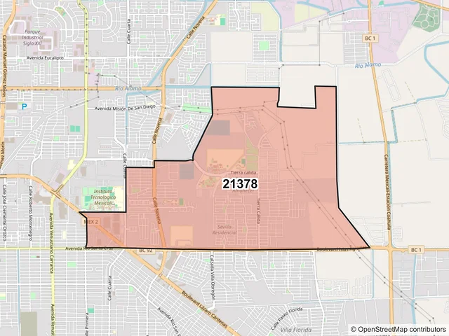 Mapa del código postal 21378, Mexicali, Baja California