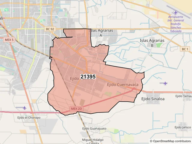 Mapa del código postal 21395, Mexicali, Baja California