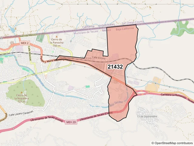 Mapa del código postal 21432, Tecate, Baja California