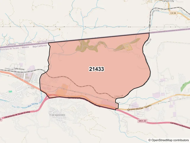 Mapa del código postal 21433, Tecate, Baja California