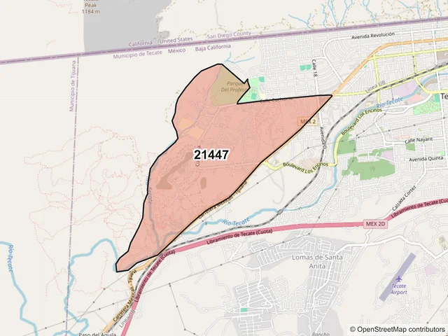 Mapa del código postal 21447, Tecate, Baja California