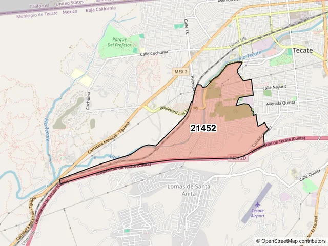 Mapa del código postal 21452, Tecate, Baja California