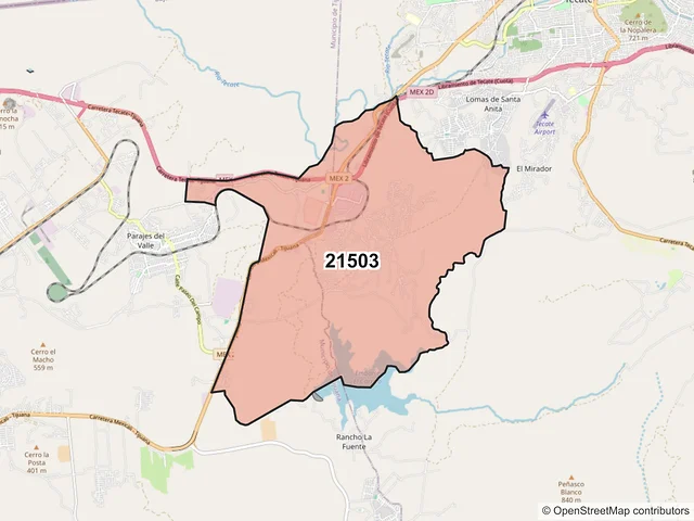 Mapa del código postal 21503, Tecate, Baja California