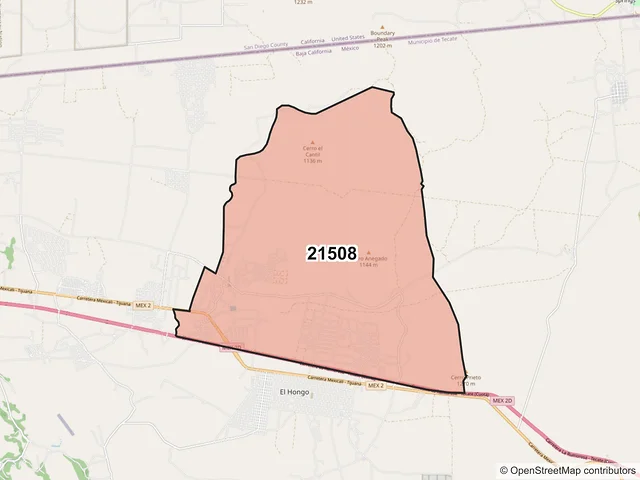 Mapa del código postal 21508, Tecate, Baja California