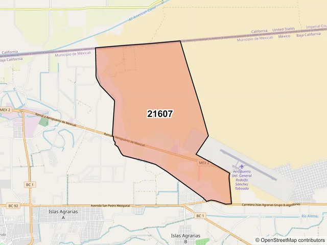 Mapa del código postal 21607, Mexicali, Baja California