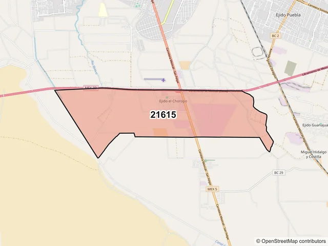 Mapa del código postal 21615, Mexicali, Baja California