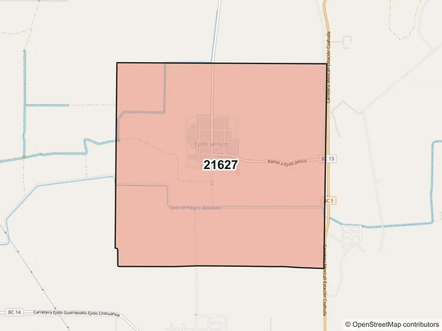 Mapa del código postal 21627, Mexicali, Baja California