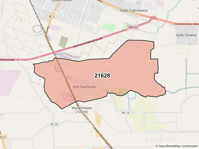 Mapa del código postal 21628, Mexicali, Baja California