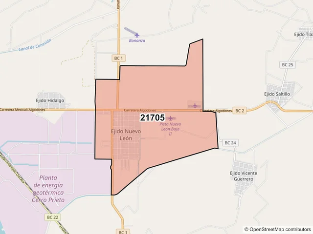 Mapa del código postal 21705, Mexicali, Baja California