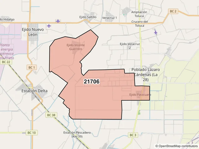 Mapa del código postal 21706, Mexicali, Baja California