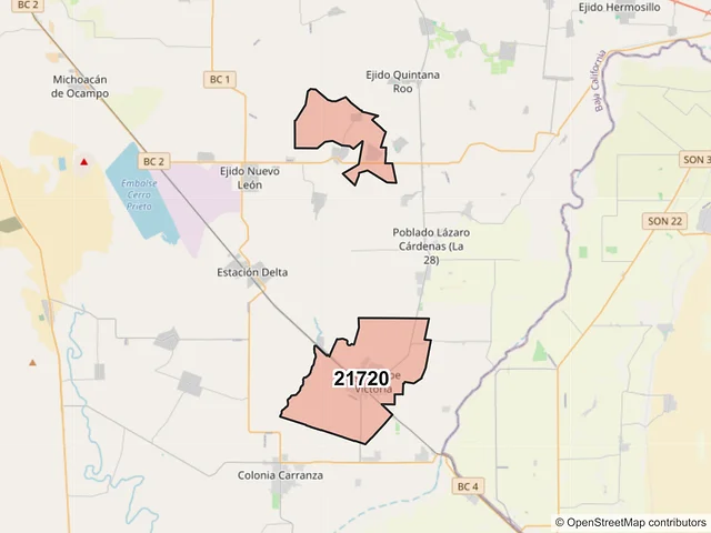 Mapa del código postal 21720, Mexicali, Baja California