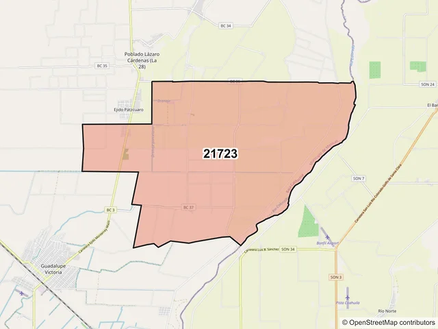 Mapa del código postal 21723, Mexicali, Baja California