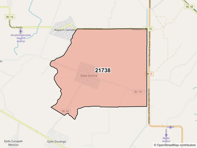 Mapa del código postal 21738, Mexicali, Baja California