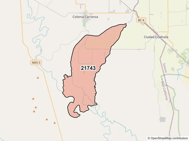 Mapa del código postal 21743, Mexicali, Baja California