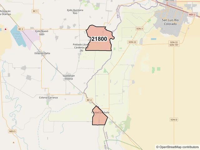 Mapa del código postal 21800, Mexicali, Baja California