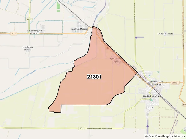Mapa del código postal 21801, Mexicali, Baja California