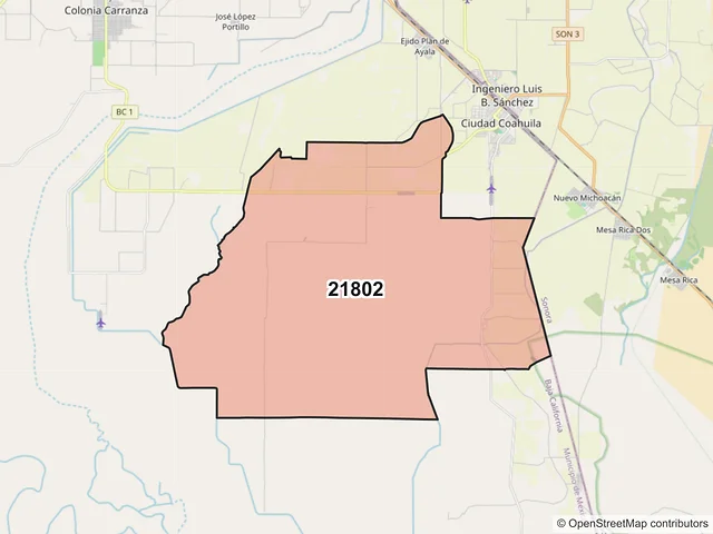 Mapa del código postal 21802, Mexicali, Baja California