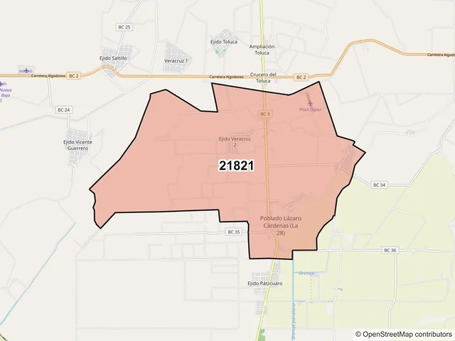 Mapa del código postal 21821, Mexicali, Baja California