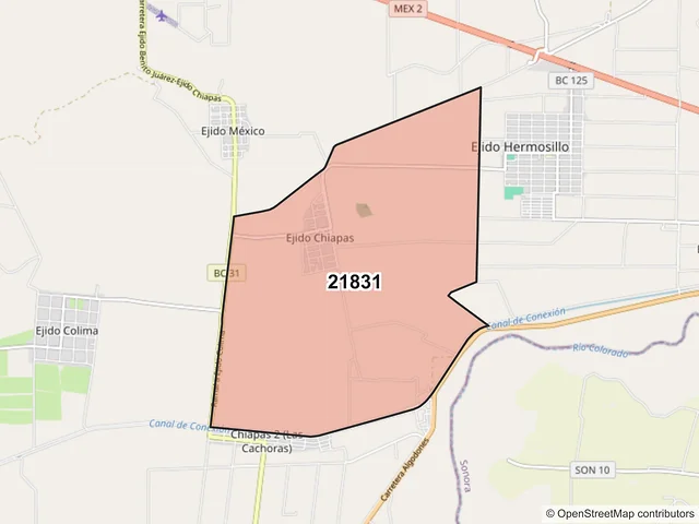 Mapa del código postal 21831, Mexicali, Baja California
