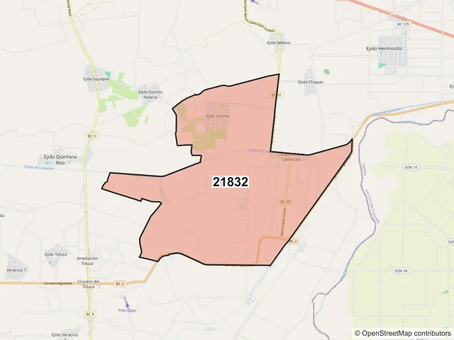 Mapa del código postal 21832, Mexicali, Baja California