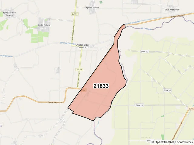 Mapa del código postal 21833, Mexicali, Baja California