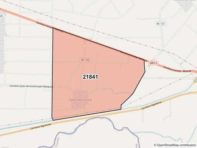 Mapa del código postal 21841, Mexicali, Baja California