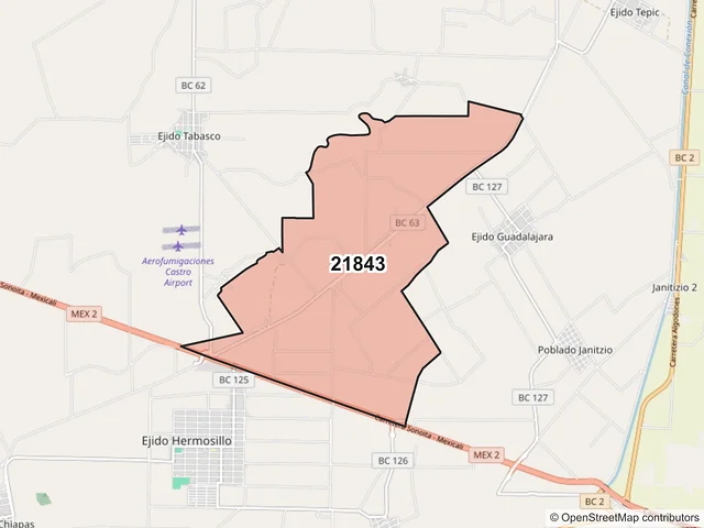Mapa del código postal 21843, Mexicali, Baja California