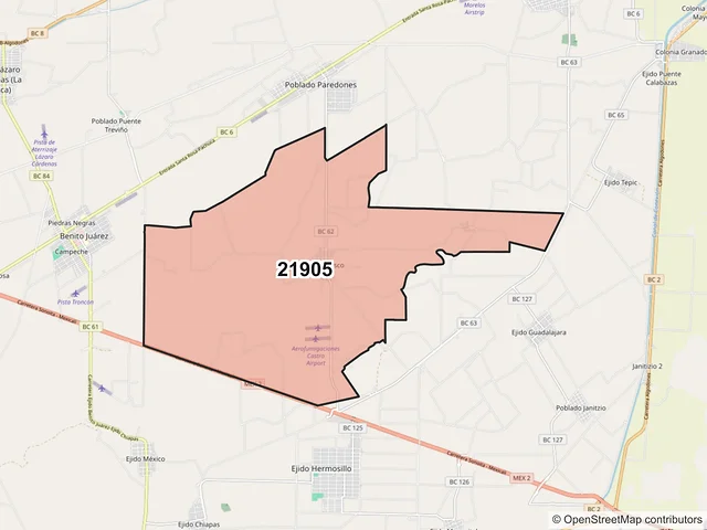 Mapa del código postal 21905, Mexicali, Baja California