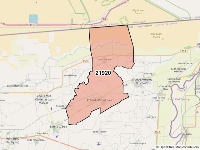 Mapa del código postal 21920, Mexicali, Baja California