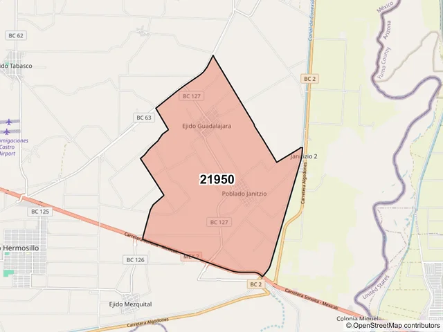 Mapa del código postal 21950, Mexicali, Baja California