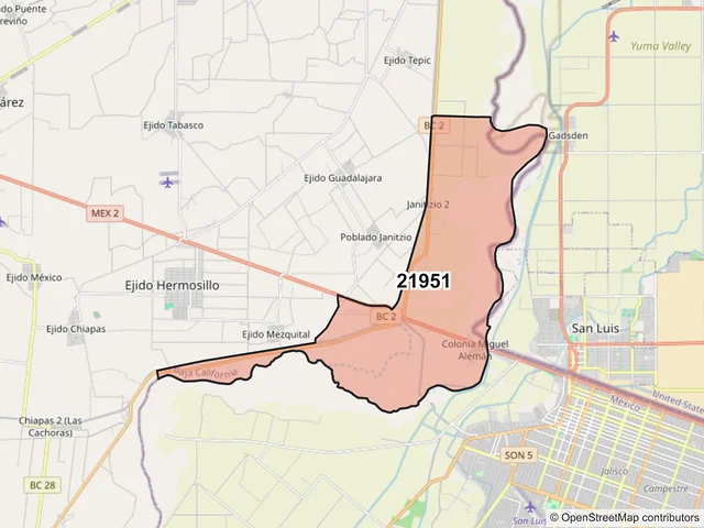 Mapa del código postal 21951, Mexicali, Baja California