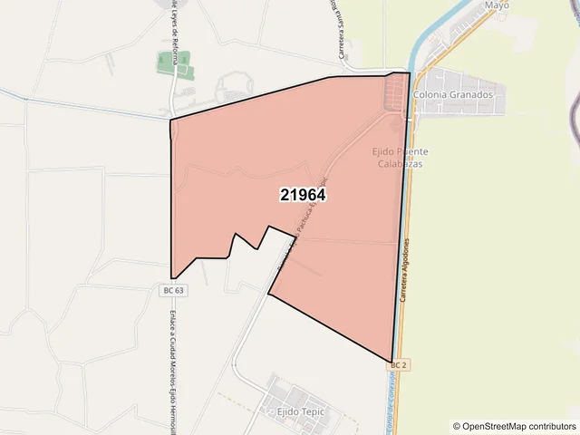Mapa del código postal 21964, Mexicali, Baja California