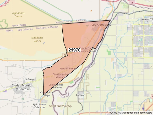 Mapa del código postal 21970, Mexicali, Baja California